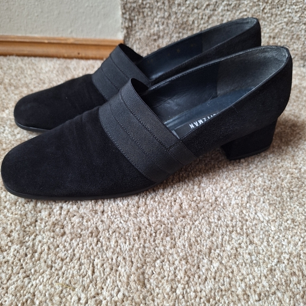 Vgt STUART WEITZMAN Size 9.5 Gorham Chunk Heel Witchy Shoes Suede Black Y2K 90s
